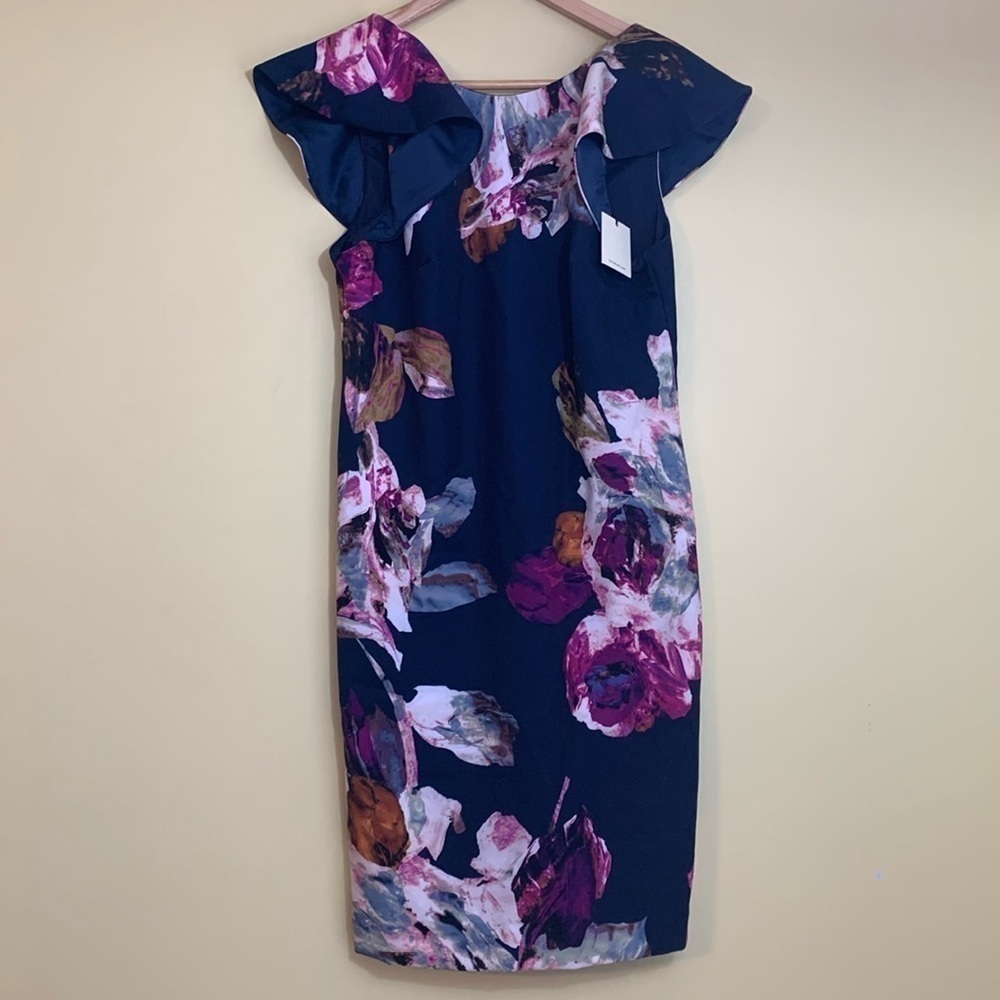 Trina Turk | NWT Floral Ruffle Cap Sleeve NWT Lined Blue Pink Sheath Dress Small